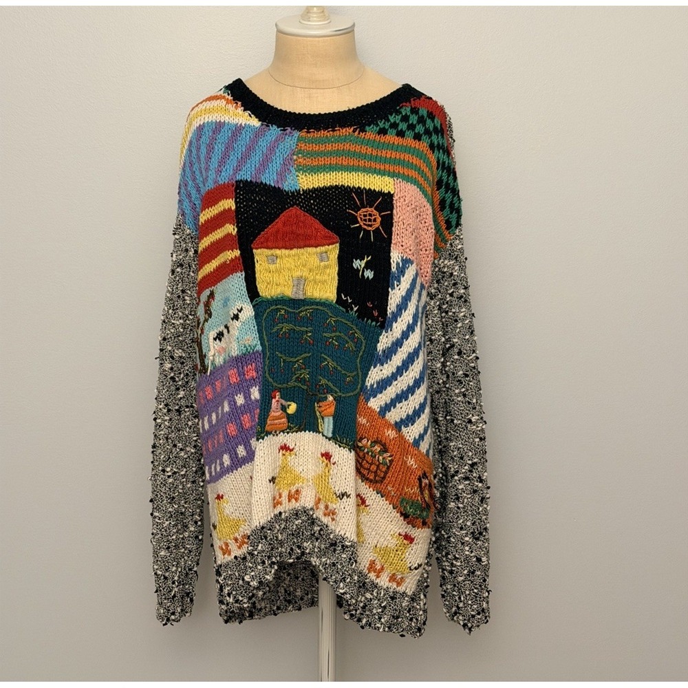 CinZia Storybook Folklore Hand Knit In Italy Vintage Countryside Patchwork LARGE